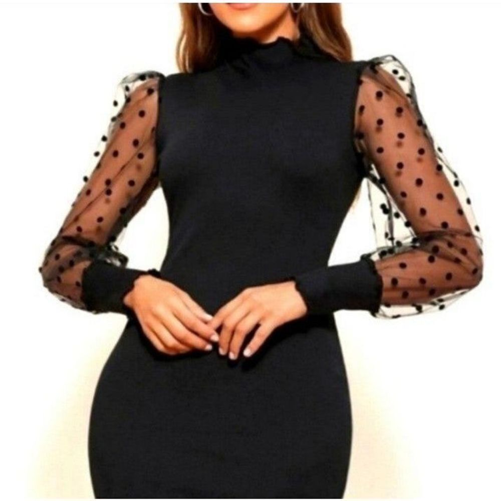 Ladies Polka Dot Mesh Sleeve Bodycon Dress sz Medium